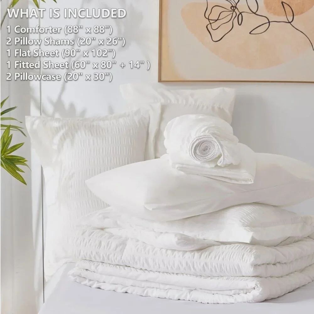 Twin XL Seersucker Comforter Set with Sheets White 5 Pieces
